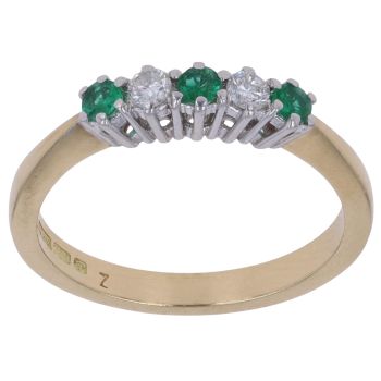 18ct Yellow Gold 0.10ct Diamond and Emerald Five Stone Ring
