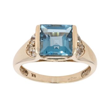 9ct Yellow Gold Blue Topaz And Cubic Zirconia Ring