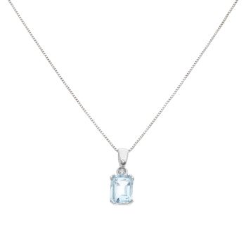 18ct White Gold 0.05ct Brilliant Cut Diamond And Aquamarine Pendant And Chain 16"