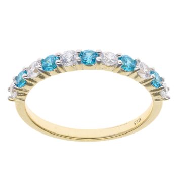 Gold Plated Silver Blue Gemstone And Cubic Zirconia Half Eternity Ring