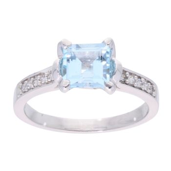9ct White Gold Blue Topaz and Diamond Square Ring