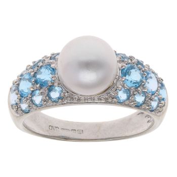 9ct White Gold Pearl And Blue Topaz Ring