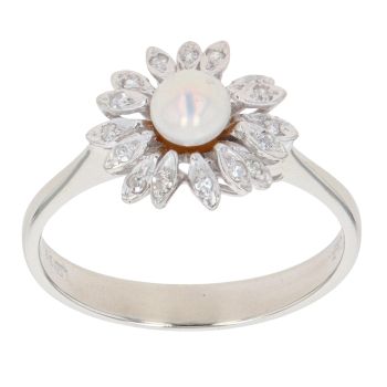 18ct White Gold Pearl and Cubic Zirconia Flower Ring
