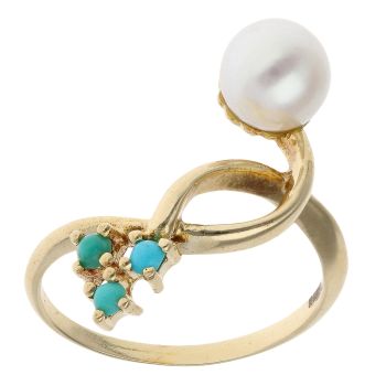 18ct Yellow Gold Pearl And Turquoise Crossover Ring