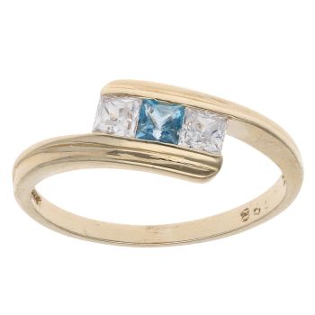 9ct Yellow Gold Cubic Zirconia and Aquamarine Three Stone Ring