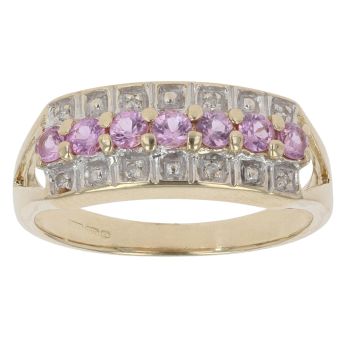 9ct Yellow Gold 0.04ct Diamond and Pink Topaz Three Row Ring