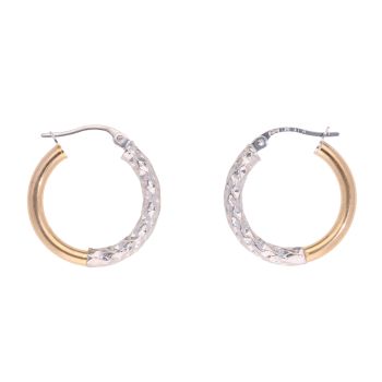 9ct Yellow And White Gold Half Textured Hoop Earrings