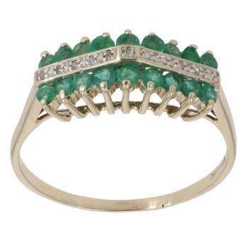 9ct Yellow Gold 0.10ct Diamond and Emerald Three Row Ring