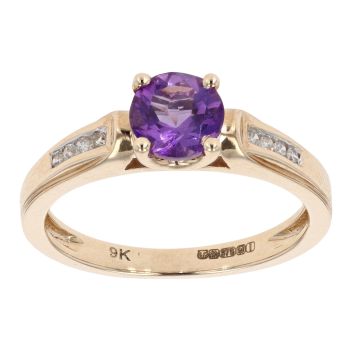 9ct Yellow Gold Created Amethyst and Diamond Shoulder Dress Ring