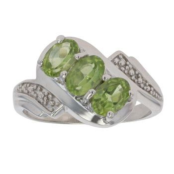 9ct White Gold Peridot and 0.06ct Diamond Three Stone Ring