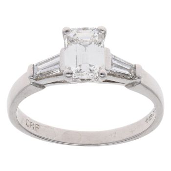 Platinum 1.00ct Emerald and Tapered Cut Diamond Solitaire Ring