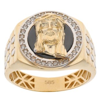 14ct Yellow And White Gold Cubic Zirconia Jesus Signet Ring