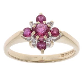 9ct Yellow Gold 0.05ct Diamond and Ruby Cluster Ring