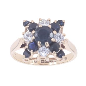 9ct Yellow Gold Sapphire And Cubic Zirconia Cluster Ring