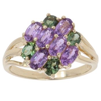 9ct Yellow Gold Amethyst and Emerald Cluster Ring