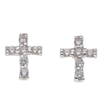 Silver Cubic Zirconia Cross Stud Earrings by Icesia