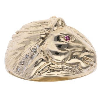 9ct Yellow Gold 0.05ct Diamond And Ruby Horse Ring