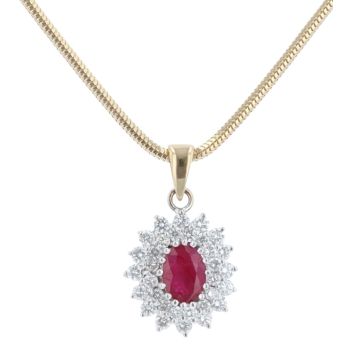18ct Yellow And White Gold 0.90ct Brilliant Cut Diamond And Ruby Cluster Pendant And Chain 18"