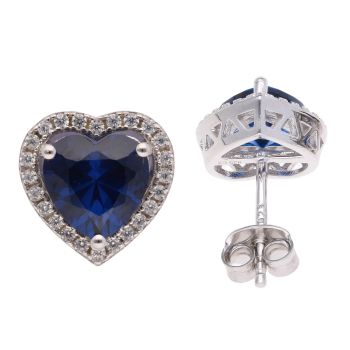 Silver Cubic Zirconia Heart Blue Cluster Earrings by Icesia