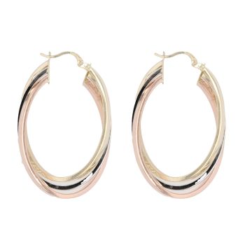 14ct Yellow White and Rose Gold Greek Key Trio Oval Hoop Earrings