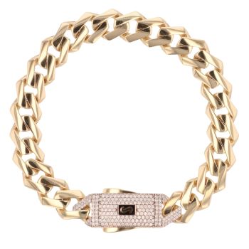 14ct Yellow Gold Monaco Curb Classic Cubic Zirconia Pave Lock Bracelet 8.5"