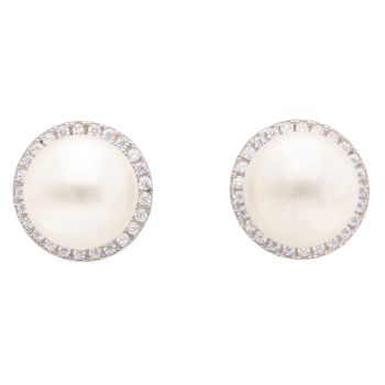 Silver Cubic Zirconia And Pearl Stud Earrings by Icesia