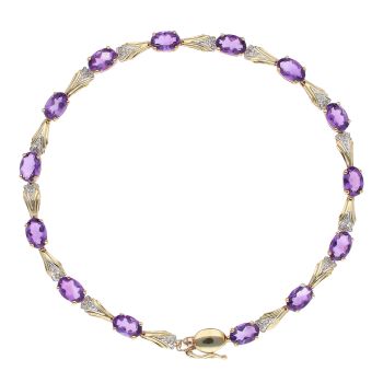 9ct Yellow Gold 0.10ct Diamond and Amethyst Bracelet 7.5"