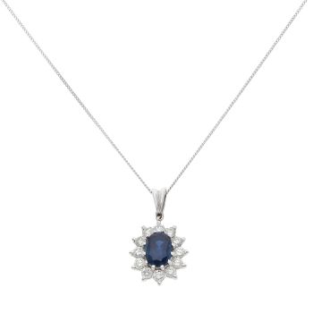 9ct White Gold 0.80ct Diamond and Sapphire Cluster Pendant and Chain 18"