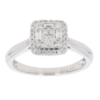 9ct White Gold 0.25ct Brilliant And Baguette Cut Diamond Cluster Ring