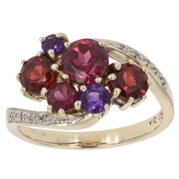 9ct Yellow Gold 0.05ct Diamond, Garnet and Amethyst Ring