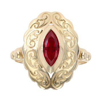 14ct Yellow Gold Red Gem Patterned Ring