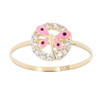 Children's 14ct Yellow Gold Cubic Zirconia Pink Butterfly Ring