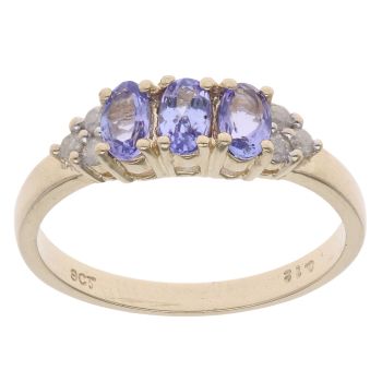 9ct Yellow Gold 0.10ct Diamond And Tanzanite Three Stone Ring