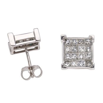 14ct White Gold 1.40ct Princess Cut Diamond Cluster Stud Earrings