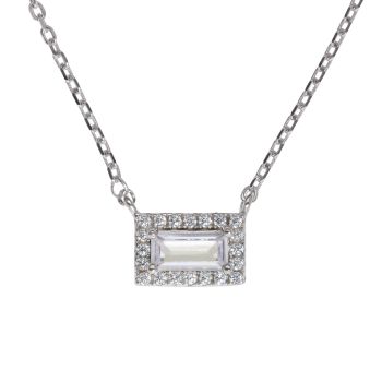 Silver Cubic Zirconia Rectangular Pendant and Chain 18"
