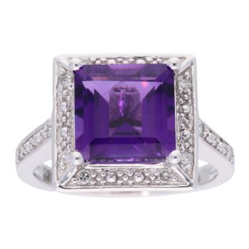 9ct White Gold Amethyst and Diamond Square Ring