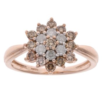 9ct Rose Gold 1.00ct Brilliant Cut Colourless And Brown Diamond Cluster Ring