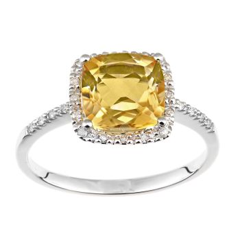 9ct White Gold Cushion Citrine and Diamond Halo Ring
