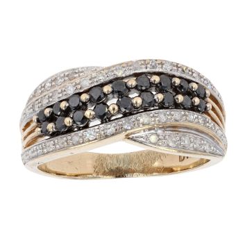 9ct Yellow Gold 0.50ct Black and White Diamond Crossover Cluster Ring