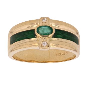 18ct Yellow Gold 0.05ct Brilliant and Oval Cut Diamond and Emerald Ring