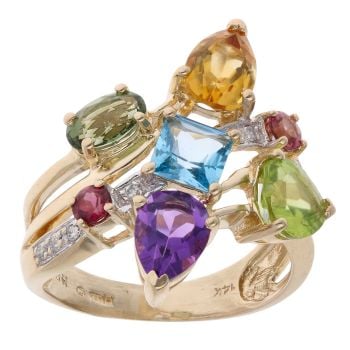 14ct Yellow Gold 0.04ct Diamond and Multi-Gemstone Cluster Ring