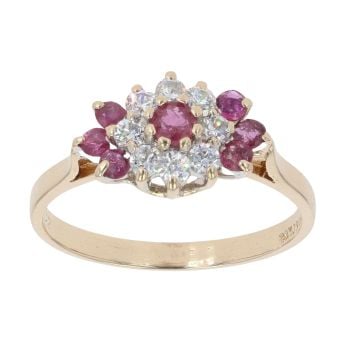 9ct Yellow Gold Cubic Zirconia and Ruby Cluster Ring