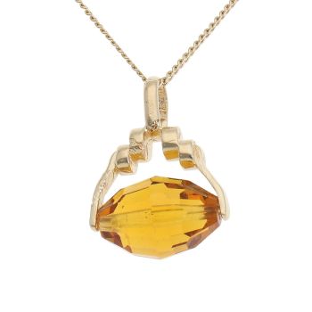 9ct Yellow Gold Orange Gem Fob Pendant And Curb Chain 18"