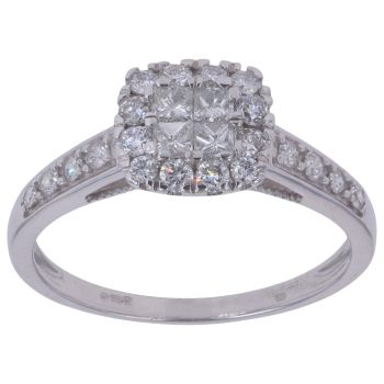 9ct White Gold 0.66ct Princess And Brilliant Cut Diamond Cluster Ring