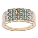 14ct Yellow Gold 0.05ct Diamond And Green Gemstone Three Row Ring