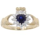 9ct Yellow Gold Cubic Zirconia and Blue Gemstone Claddagh Ring
