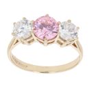 9ct Yellow Gold Pink Gemstone And Cubic Zirconia Three Stone Ring
