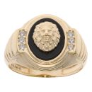 14ct Yellow Gold Cubic Zirconia and Black Enamel Lion Head Oval Signet Ring