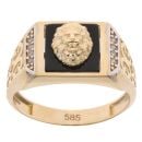 14ct Yellow and White Gold Cubic Zirconia and Black Enamel Lion Head Patterned Square Signet Ring