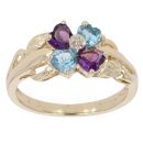 9ct Yellow Gold 0.01ct Diamond, Amethyst and Blue Topaz Cluster Ring